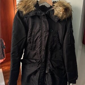 Aqua Black Puffer Coat with Faux Fur Trim